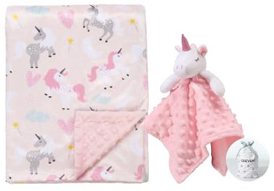 CREVENT Lot comprenant couverture douce et confortable unisexe pour bébé, couverture de sécurité et sac cadeau - Motif licorne