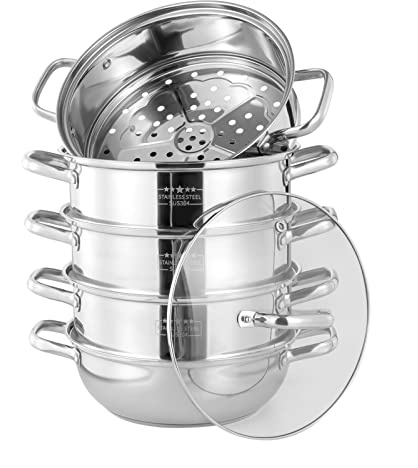Vaporera de acero inoxidable de 30 cm, 5 niveles, vaporizador, verduras, patatas, con inserto de vapor y dos asas, apilable, tapa de cristal para cocinas de gas, cocinas de inducción y vitrocerámica