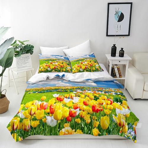 ANHOPE Natur Tulpe Blume Feld Bettwäsche Set 3 Teilig Bettbezug 155x220 cm & 2 Kissenbezug 80x80 cm Microfaser Bettbezüge mit Reißverschluss Weich Bettdeckenbezug Set für Kinder Mädchen