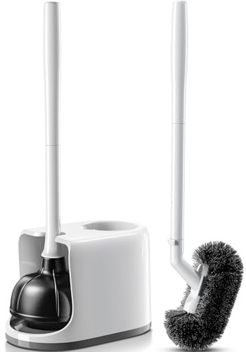 HAMITOR Toilet Plunger and Bowl Brush Set: 2 in 1 Heavy Duty Plunger with Holder Combo for Bathroom Cleaning-White