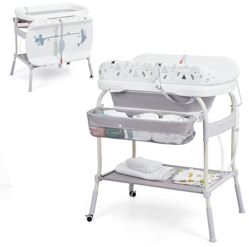 Wickeltisch mit Badewanne, Abnehmbare Badewanneneinheit mit weichem Kissen, Temperaturanzeige, Wickelstation für Kleinkinder mit Rädern, wasserdichte Unterlage, Babybadewanne mit Ständer für Neugebore