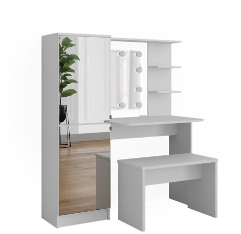 Vicco Frisierkommode Jasmin, Kosmetiktisch mit Spiegel, Weiß, 123 cm mit LED-Beleuchtung und Bank