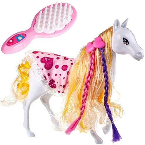 Spielzeugpferd/Pferd + Zubehör - passend für Barbie Puppe - 25,5 cm hoch - mit abnehmbaren Sattel + Zaumzeug - mit Haaren - ideal auch für 29 cm Spielzeug ..