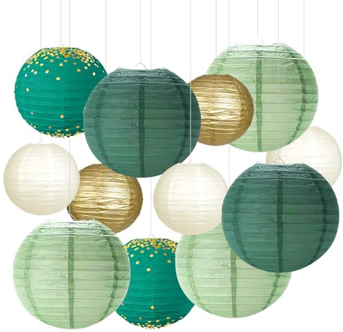 Lampions Party Deko Papierlampion Grün Gold Papier Laterne 12Stk Papierlaterne Rund Hängende Papierlaternen Für Hochzeiten Braut Babyparty Geschlecht Reveal Geburtstage Dekoration