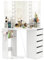 COSTWAY Corner Dressing Table with 3-Angle LED Lights Mirrors, Charging Station, Adjustable Brightness, 5 Drawers, Storage Shelves and Hair Dryer Rack, Bedroom Dresser Makeup Table Vanity Desk, White