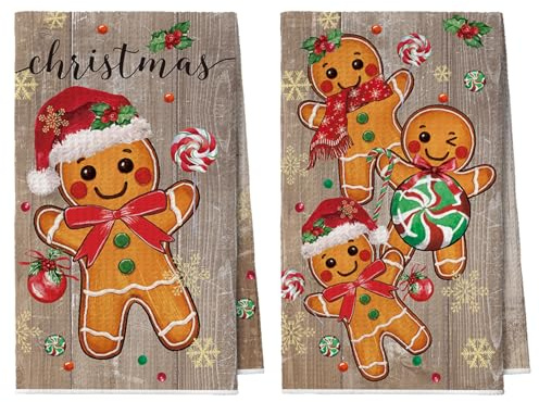 Artoid Mode Braun Planke Kekse Weihnachten 42x65 cm 2er Set Geschirrtücher | Saisonal Lebkuchenmann Lollipop Xmas Winter Polyester Küchentücher Handtücher Küche Dekor