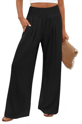 Findsweet 2026 Women Palazzo Pants Wide Leg High Waist Casual Flowy Pant Lounge Beach Vacation Outfits Black Large