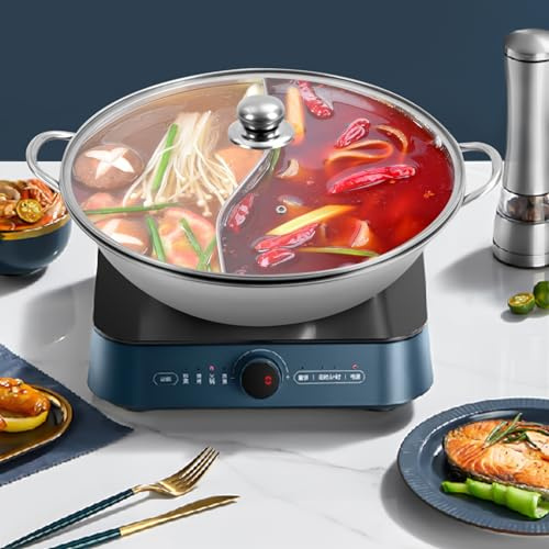 FROPIJ Edelstahl Hot Pot mit Deckel, 34cm Hotpot Geteilte Pfanne mit Trennwand, Hotpot Topf Dual Hot Pot Topf Verdickt Trennsuppe Schnelles Aufheizen für Induktionsherd & Gaskocher