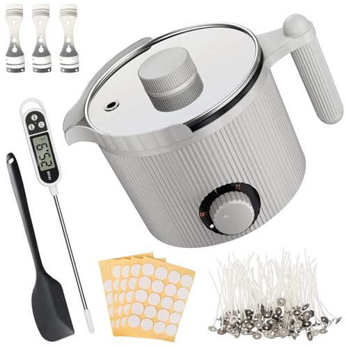 Candle Wax Melter with Pour Spout, Candle Making Kit for Adult Beginners, for Candle Making, Set Includes Wax Melting Pot, Stirring Spoon, Thermometer, Wick, Wick Sticker and Centering Device - Gray