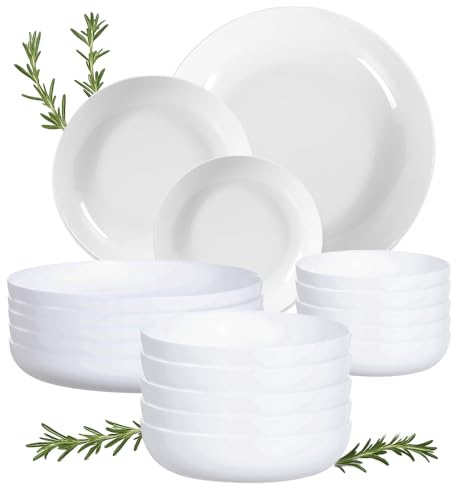 Ma Maison Servizio Piatti per 6 Persone Set 18 Pezzi Moderni Lucidi da Tavola -in Ceramica, 6 Pz Ø 21 Prima Portata, 6 Pz Ø 17 da Dessert, 6 Pz Ø 25 Seconda Portata - Lavastoviglie (Elegant | Bianco)