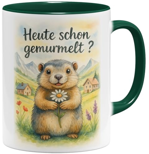 OM3® Lustige Murmeltier Kaffee-Tasse mit Spruch - Heute schon gemurmelt? - Keramik Becher - 325ml - Beidseitig Bedruckt - Grün