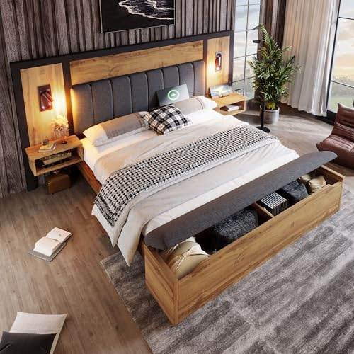 ZYLOYAL10 Doppelbett Polsterbett 160×200, Bettanlage mit Leselampe und U-S-B C Nachttisch und Sitzbank mit Stauraum, Bettgestell mit Lattenrost aus Metall, Holz und Leinen, Eiche(Ohne Matratze)