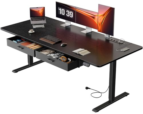 SOLAVERO Scrivania Regolabile in Altezza, 180 x 80 cm Scrivania Motorizzata con Presa, Porta USB-C, 2 Cassetti Rimovibili, Controlli Memoria e Sistema Anti-Collisio, Standing Desk Nero