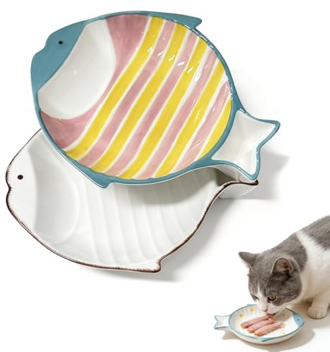 2 Pack Ceramic Cat Food Bowl Set, Cute Fish, Shallow Wide Flat, Colorful, Whisker Fatigue Cat Dishes for Food, Kitten Food Bowl, for Small Flat Pet Kitten Feeding Plates for Wet/Dry Food, Stripe