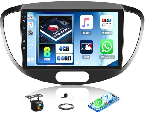 CAMECHO Qualcomm 8 Core 4G+64G Android 15 Autoradio für Hyundai I10 2007-2013 mit Navi Carplay Android Auto, Doppel Din Radio mit 9 Touchscreen Bluetooth5.1 RDS Hi-Res DSP +HD Rückfahrkamera