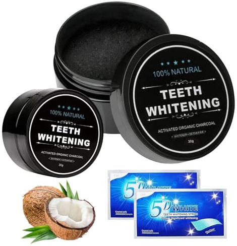 2 Pièces Blanchiment Dentaire Poudre Charbon Dent Blanche Charbon Dentaire Poudre Blanchissante Dents Haleine Fraîche Élimine Les Soin Haute Performance, Avec 2 Bandes Blanchissantes