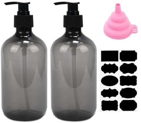 2 STK 500ml Seifenspender, Shampoo Flaschen zum Befüllen, Spülmittelspender, Leere Pumpflaschen Duschgel Dispenser für Küche Bad Lotionen Shampoos, mit Trichter & Etiketten (Grau)