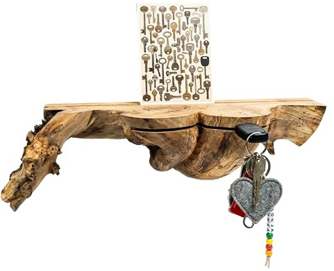 Schlüsselbrett Holz mit Ablage, Schlüsselhalter aus Wurzelholz, 35 cm | Frontseitiger Schlüsselschlitz ohne Haken, Handy- und Fotohalterung, Wandmontage, für Flur und Diele