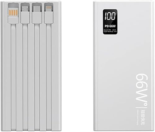 Power Bank with Built-in 4 Cables, 20000mah Fast Charging Portable Phone Charger, powerbank 66 W PD USB C Battery Pack 2 Input USB 2 output Type C for iPhone/iPad/Samsung/Android Devices (White)