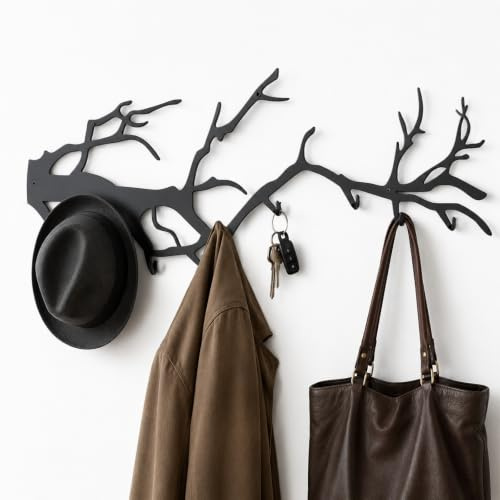 PROTKPETS Wandgarderobe mit 8 Haken Schwarz - Baumast Design Garderobenhaken Wand Metall - Kleiderhaken für Flur Badezimmer Schlafzimmer Küche - Hakenleiste Wandmontage