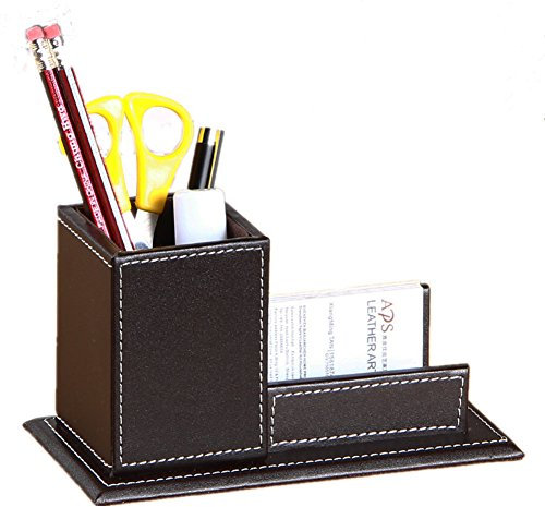 Pot Carré à Crayons Bureau en PU Cuir Multifonctionnel Boîte/Panier de Rangement Cosmétique Maquillage Stockage Cartes de Visite Porte Stylo Classique Pratique pour Bureau Maison (Noir)