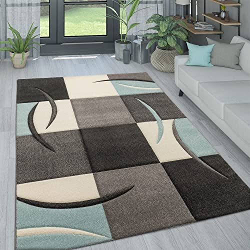 Paco Home Wohnzimmer Teppich In Modernen Pastell Farben, Karo Muster m. 3D Effekt, Grösse:120x170 cm, Farbe:Türkis