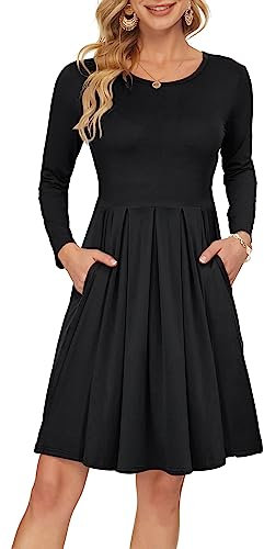 AUSELILY Women's Long Sleeve Pleated Loose Swing Casual Dress with Pockets Knee Length Black S