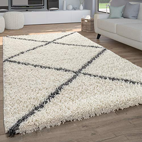 Paco Home Hochflor Teppich Wohnzimmer Shaggy Langflor Skandinavisch Rautenmuster Modern, Grösse:160x220 cm, Farbe:Creme