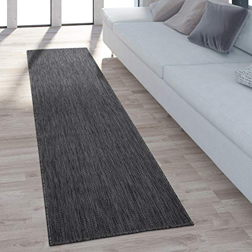 Paco Home Outdoor Teppich Flachgewebe Sisaloptik Modern Einfarbig meliert wetterfest & pflegeleicht Küchenteppich Ideal für Terrasse Balkon Garten, Grösse:80x250 cm, Farbe:Anthrazit