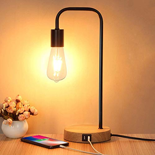 QJUZO LED Tischlampe Touch Dimmbar 3 Modi, Nachttischlampe USB-Aufladung Schreibtischlampe Schwarz Metall Nachtlicht Mit Holz Sockel Vintage Industrial Tischleuchte Für Schlafzimmer Wohnzimmer Büro
