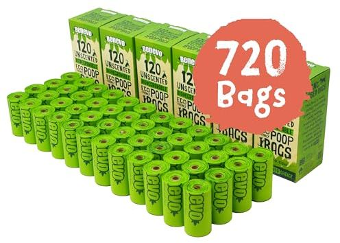 Benevo Kotbeutel für Hunde biologisch abbaubar (6 x 120 Beutel) EN13432 Kompostierbare Hundekotbeutel unparfümiert, plastikfrei, für große und kleine Hunde, aus Maisstärkebasis, Rollen mit je 15 Stück