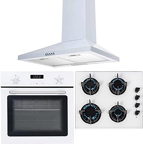 SIA 60cm SO103WH White Single Electric Fan Oven, GHG602WH 4 Burner Gas Hob & CHL60WH Chimney Cooker Hood