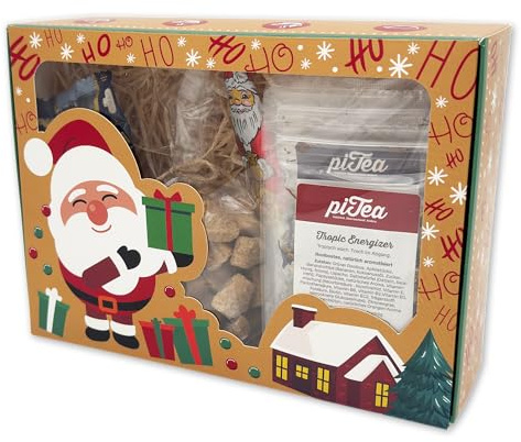 piTea Weihnachts Tee Geschenkset – 6 verschiedene Sorten loser Premium Tee mit Snacks – Wintertee Probierset in Geschenkbox – fertig verpacktes Geschenk zu Weihnachten für Frauen, Männer & Kollegen