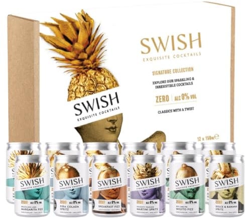 SWISH Cocktails 12 Pack Gift Box - Non-Alcoholic Mocktails, Pre-Mixed Ready To Drink, Pina Colada, Mojito Fizz, Dolce & Banana Spritz, Margarita, Martini - 12 x 150ml Alcohol Free Cocktail Cans