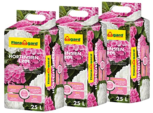 Floragard Hortensienerde Rosa/Weiß 75 L (3×25 L) – pH-saure Spezialerde mit lockerer Struktur & guter Wasserspeicherung – ideal zum Pflanzen & Umtopfen von rosa & weißen Hortensien in Beet & Kübel