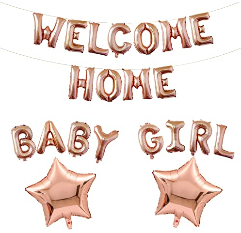 Fechy Welcome Home Baby Girl Banner Ballon mit Stern Folienballon für Herzlich Willkommen Zuhause Baby Mädchen Familie Partei Babyparty Girl Luftballons Dekoration (Roségold)
