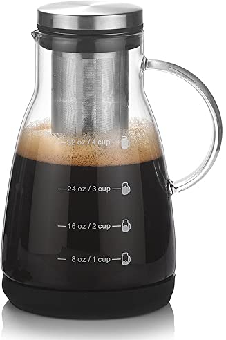 TAMUME Pichet à Eau en Verre avec Filtre en Acier Inoxydable, Cafetière à Infusion Froide 1L avec Filtre