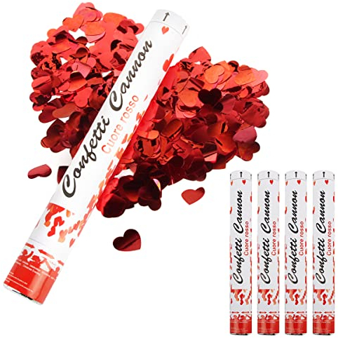 Konfettikanone Hochzeit, RosyFate 4 x Konfettikanonen Herzen Rot, Konfetti Shooter 40cm, 6-10m Effekthöhe, Party Popper für Hochzeit & Verlobung