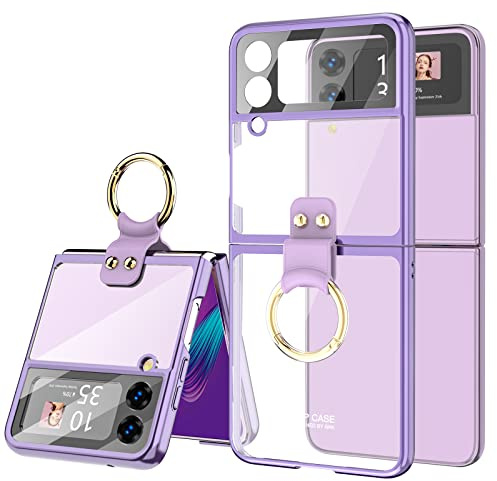 WATACHE Designed for Samsung Galaxy Z Flip 4 Case Clear with Ring, Shockproof Protective Phone Cover Case Build in Camera Cover Compatible with Galaxy Z Flip 4 Case 5 G 2022 (Chromed Purple)