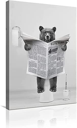 MKHFUW Moderne Leinwand Wandkunst Lustige Tiere, Die auf der Toilette Sitzen, Zeitungsbilder Lesen Badezimmer Schlafzimmer Poster, Rahmenlos (Bär-1,20 x 30 cm)