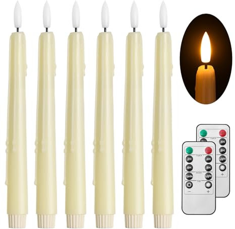 Stmarry Ivory Flameless Taper Candles with Remote and Timer - 9.65 Inch Real Wax LED Candlesticks - Wax Drip Battery Operated Tall Taper Candles with 3D Flickering Flame, 6 Pack