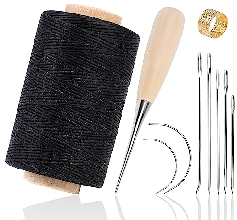 Kit Filo Cerato per Riparazione Tappezzeria Da 273 Iarde, Kit Da Cucito Con Filo Cerato in Pelle Compreso Filo Cerato Ago Punteruolo Ditale, Kit Da Cucito in Pelle per Cucire E Riparare (Nero)