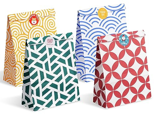 Parmedu Assorted Color Paper Gift Bags: 48 Medium Gift Bag - 24 * 17 * 8CM with 48 Stickers, Food Grade Take-out Bags for Christmas, Festivals, Birthdays, Parties, Weddings, Baby Showers