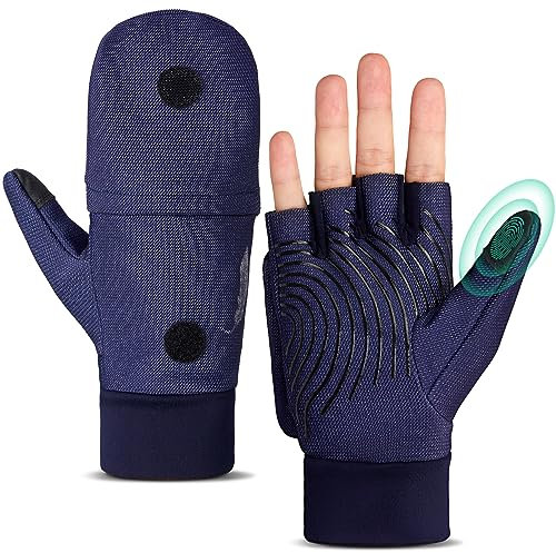 EEFOW Halbfinger Flip Herren Thermo Winterhandschuhe: Outdoor Warm Touchscreen Fingerlose Handschuh Wasserdicht Winddicht Fahrradhandschuhe für Fahrrad Ski Arbeits Fußball Motorrad Sport Blau S