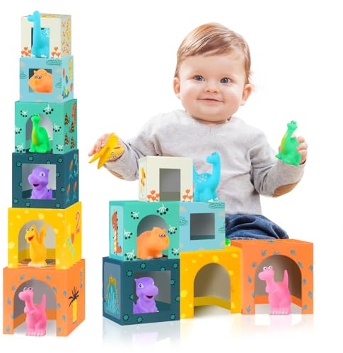Dinosauro Cubi Impilabili di Giocattoli per Bambini di 1 2 3 Anni, Apprendimento Prescolare, Numeri, Scatole di Nidificazione, Giocattoli da Bagno Montessori, Regali per Bambini, Ragazze e Ragazzi.