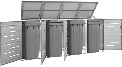 SECOLI mülltonnenbox 4 tonnen 4er mülltonnenbox mülltonnenbox 4er 240l mülltonnenbox Metall Abschließbar Edelstahl-Grau-4 Tonnen-276,5x77,5x115,5 cm