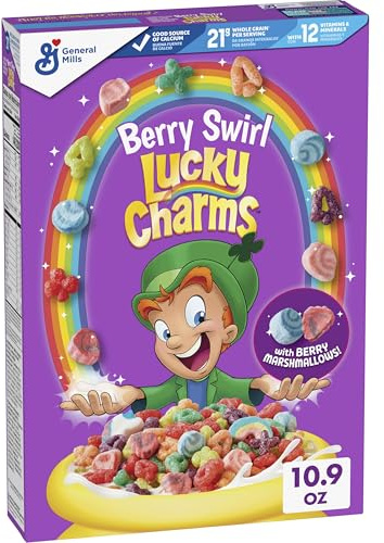 Lucky Charms Berry Swirl Frühstücksmüsli mit Marshmallows, Kinder-Frühstücks-Müsli, hergestellt aus Vollkorn, 309 ml