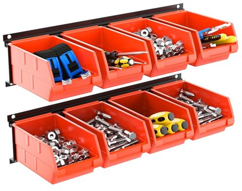 TORACK Cestini portaoggetti da parete per garage, 8 bidoni e 2 binari