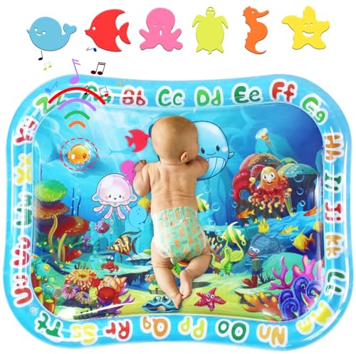 Grande Neonati Tappetino ad Acqua AUCRSOZK 95x76cm Gonfiabile Tummy Time Tappeto Acqua Giocattolo per Neonato 3 6 9 12 Mesi Sensoriale Baby Water Mat per Natale Regali Inclusa Toppa (Blu)