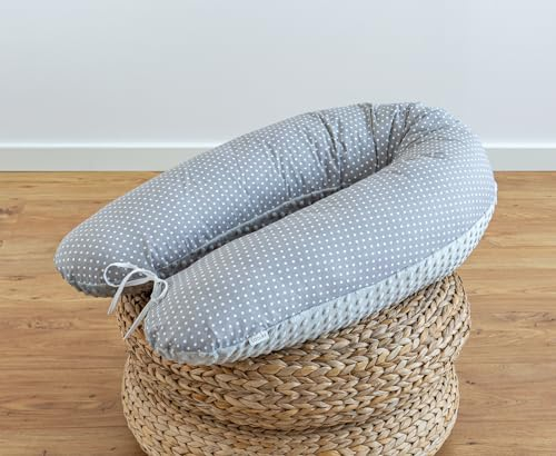 LOOLAY Schwangerschaftskissen - Stillkissen 190 cm - Seitenschläferkissen 100% Baumwolle - mit Abnehmbarem Minky Bezug - Ergonomisches Schwanger Kissen für Schlafen (Punkte Grau/Minky Grau)